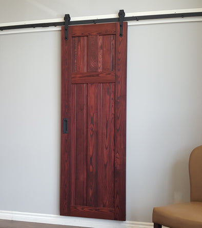 Ash "T" style barn door in black cherry finish, with bent strap soft close barn door hardware