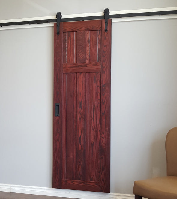 Ash "T" style barn door in black cherry finish, with bent strap soft close barn door hardware
