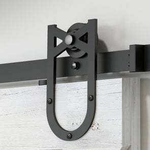 Single Wheel Horseshoe soft close barn door hardware in black steel comes in lengths starting at 60"