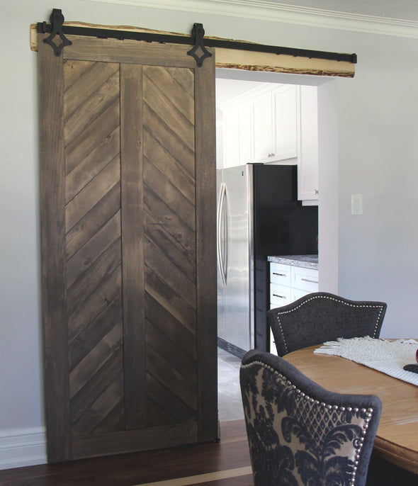 •	The Chevron barn door in weathered grey creates visual interest for your space. Shown with Ace soft close barn door hardware.
