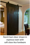 Ranch door shown in espresso stain with Ace soft close barn door hardware.